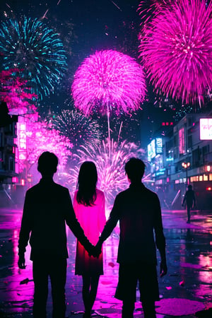 3 persons(1girl,1littleboy,1man),long girl hair, 1girl, shirt, red girl hair, 1littleboy, black boy hair, 1bigman, black man hair (holding hands ), flower, outdoors, sky, from behind, petals, night, plant, building, night sky, scenery, pink flower, city, facing away, fireworks,	 SILHOUETTE LIGHT PARTICLES,neon background