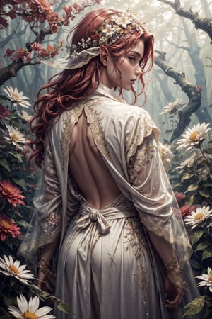 (4k), (masterpiece), (best quality),(extremely intricate), (realistic), (sharp focus), (cinematic lighting), (extremely detailed),

A young beautiful high elf archer girl posing with back turned to the viewer. She is in a secluded enchanted forest and is wearing white elven silk robe.

,flower4rmor, see-through ,flowers in hair, red hair, Flower, flower white silk robe
,DonM4lbum1n
,DonMChr0m4t3rr4 
,LODBG,no_humans,glyphtech