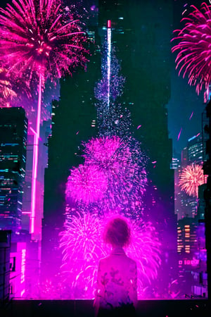 long girl hair, 1girl, shirt, red girl hair, 1boy, black boy hair, flower, outdoors, sky, from behind, petals, night, plant, building, night sky, scenery, pink flower, city, facing away, fireworks,	 SILHOUETTE LIGHT PARTICLES,neon background