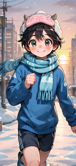 a little boy a wool cap , blue sweater,male,running, snow, sunset ,looking, blushing, cute, blushing, black eyes, black hair, smile, city, modern city,scarf
