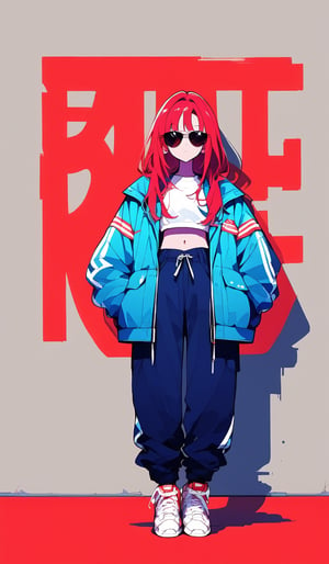 1girl, solo, long red hair, looking at viewer, shirt, red hair, navel, standing, jacket, full body, white shirt, shoes, midriff, pants, crop top, shadow, sunglasses, blue jacket, sneakers, cropped jacket