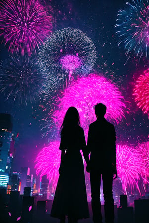 3 persons(1girl,1littleboy,1man),long girl hair, 1girl, shirt, red girl hair, 1littleboy, black boy hair, 1bigman, black man hair (holding hands ), flower, outdoors, sky, from behind, petals, night, plant, building, night sky, scenery, pink flower, city, facing away, fireworks,	 SILHOUETTE LIGHT PARTICLES,neon background