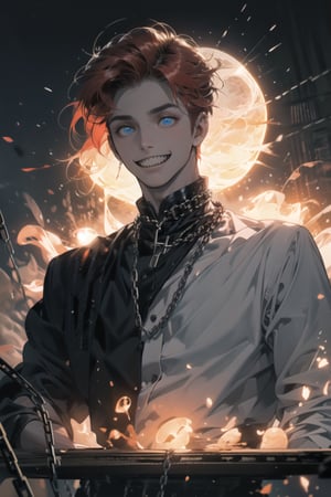 One boy(adult male), red hair, blue crazy eyes, crazy smile(sharp teeth:1.2), masterpieces (masterpiece :1.1), best quality, high quality, chlotes( black chlotes (chlotes :1.2), chains), background (prison, little light from top, chains on the wall, sing where write (dangerous) high sun)