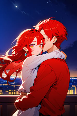 1girl (red hair), long_hair, hug, night, 1boy (black_hair), Man_hugs_girl_from_behind, shirt, hetero, looking_at_viewer, brown_hair, night_sky, couple, sky, long_sleeves, jewelry, earrings, cityscape,jaeggernawt