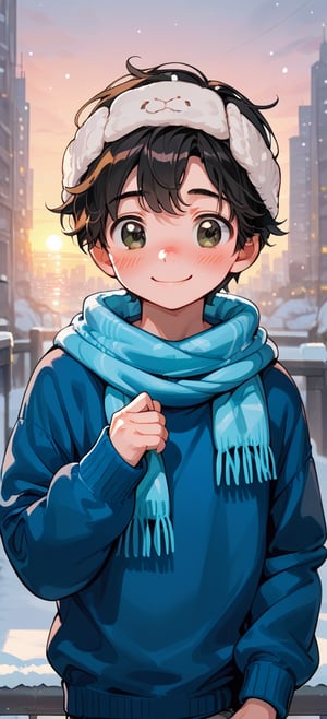 a little boy a wool cap , blue sweater,male, lifting his sweater, snow, sunset ,looking, blushing, cute, blushing, black eyes, black hair, smile, city, modern city,scarf
