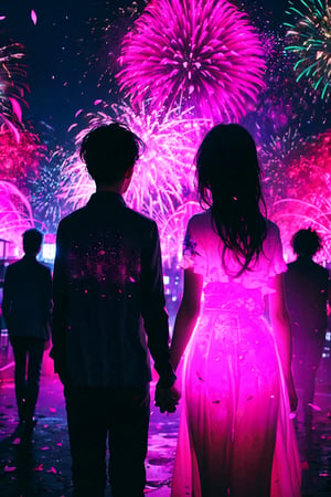 long girl hair, 1girl, shirt, red girl hair, 1boy, black boy hair, 1man, black man hair (holding hands) flower, outdoors, sky, from behind, petals, night, plant, building, night sky, scenery, pink flower, city, facing away, fireworks,	 SILHOUETTE LIGHT PARTICLES,neon background