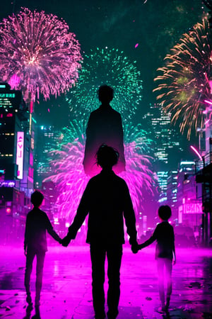 3 persons(1girl,1littleboy,1man),long girl hair, 1girl, shirt, red girl hair, 1littleboy, black boy hair, 1man, black man hair (holding hands) flower, outdoors, sky, from behind, petals, night, plant, building, night sky, scenery, pink flower, city, facing away, fireworks,	 SILHOUETTE LIGHT PARTICLES,neon background