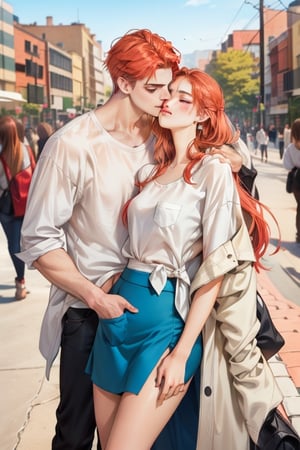 Couple of a corean man and a Real girl for VROID, light red hair, long hair, white shirt, blue skirt, pocket,edgSDress, kissing in the park