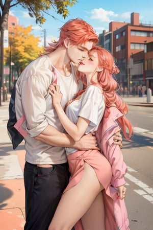 Couple of a corean man and a Real girl for VROID, light red hair, long hair, white shirt, pink skirt, pocket,edgSDress, kissing in the park