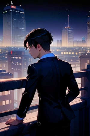 a man black hair, sexy guy, standing on the balcony of a building,city, modern city, night,looking at the front building, wearing a suit, sexy pose,leaning on the railing, detailed_face