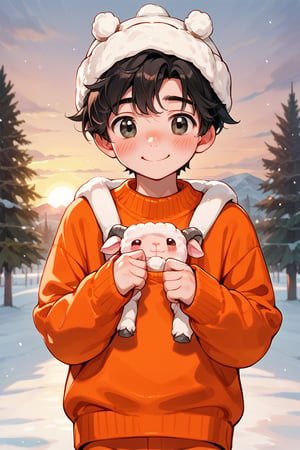 a little boy a wool cap drow , orange sweater,male, lifting his sweater, snow, sunset ,looking, blushing, cute, blushing, black eyes, black hair, smile, modern city
