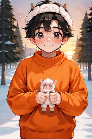 a little boy a wool cap drow in orange sweater,male, lifting his sweater, snow, sunset ,looking, blushing, cute, blushing, black eyes, black hair, smile
