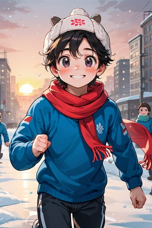 a little boy a wool cap , blue sweater,male,long pants, running and playing with de snow, snow, sunset ,looking, blushing, cute, blushing, black eyes, black hair, smile, city, modern city,scarf
