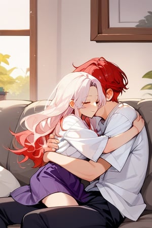 Couple of a corean man and a  girl (light red hair, long hair), white shirt, violet skirt, pocket,edgSDress, hugging in a sofa in house,1boy,jaeggernawt