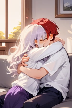 Couple of a corean man and a girl , light red hair, long hair, white shirt, violet skirt, pocket,edgSDress, hugging in a sofa in house,jaeggernawt,Indoor