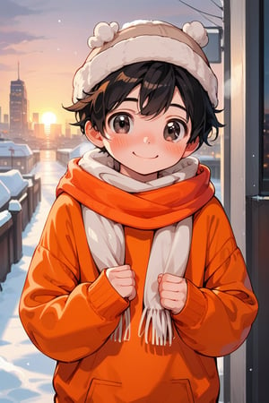 a little boy a wool cap , orange sweater,male, lifting his sweater, snow, sunset ,looking, blushing, cute, blushing, black eyes, black hair, smile, city, modern city,scarf
