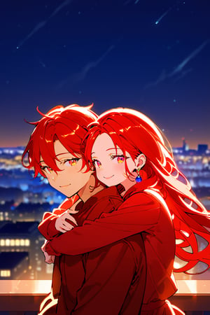 1girl red hair, 1boy, long_hair, hug, night, black_hair, Man_hugs_girl_from_behind, shirt, hetero, looking_at_viewer, brown_hair, night_sky, couple, sky, long_sleeves, jewelry, earrings, cityscape,