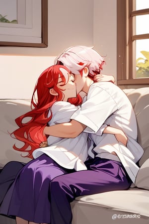 Couple of a corean man and a  girl (light red hair, long hair), white shirt, violet skirt, pocket,edgSDress, hugging in a sofa in house,1boy,jaeggernawt