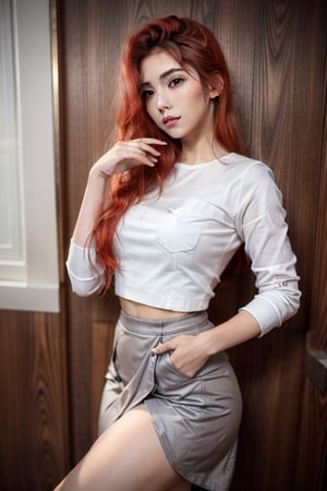 Couple of a corean man with black hair and a latin girl with light red hair, long hair, white shirt, grey skirt, pocket,style,photorealistic,Wonder of Beauty,girl,Sexy Pose
