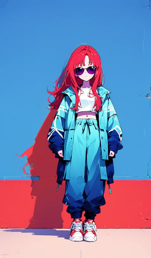 1girl, solo, long red hair, looking at viewer, shirt, red hair, navel, standing, jacket, full body, white shirt, shoes, midriff, pants, crop top, shadow, sunglasses, blue jacket, sneakers, cropped jacket