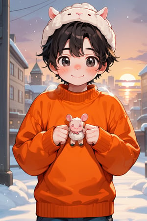 a little boy a wool cap , orange sweater,male, lifting his sweater, snow, sunset ,looking, blushing, cute, blushing, black eyes, black hair, smile, city
