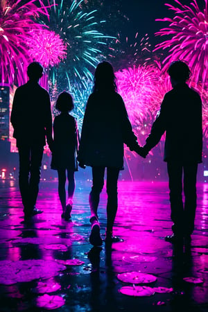 3 persons(1girl,1littleboy,1man),long girl hair, 1girl, shirt, red girl hair, 1littleboy, black boy hair, 1man, black man hair (holding hands ), flower, outdoors, sky, from behind, petals, night, plant, building, night sky, scenery, pink flower, city, facing away, fireworks,	 SILHOUETTE LIGHT PARTICLES,neon background