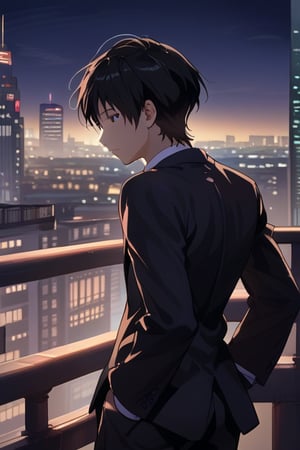 a man black hair, sexy guy, standing on the balcony of a building,city, modern city, night,looking at the front building, wearing a suit, sexy pose,leaning on the railing, detailed_face,daisuke sorachi
