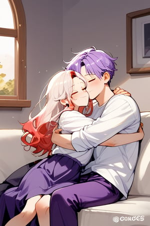 Couple of a corean man and a girl , light red hair, long hair, white shirt, violet skirt, pocket,edgSDress, hugging in a sofa in house,jaeggernawt,Indoor
