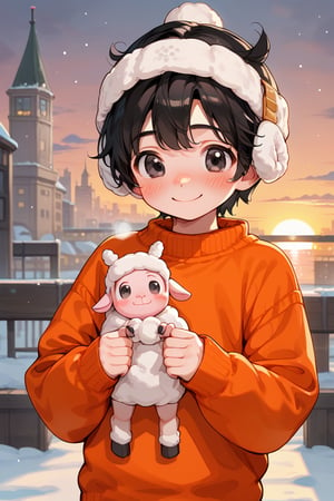 a little boy a wool cap , orange sweater,male, lifting his sweater, snow, sunset ,looking, blushing, cute, blushing, black eyes, black hair, smile, city
