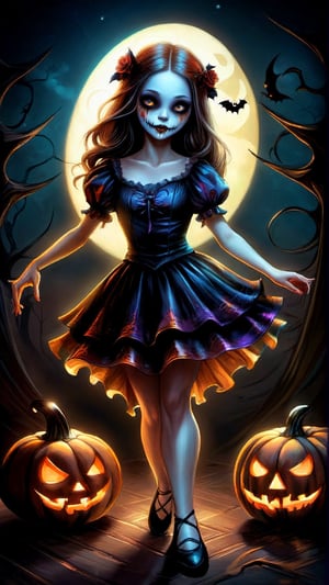 A beautiful female horror character with a Halloween theme, highly detailed, cinematic lighting, dark and eerie atmosphere, dramatic shadows, digital painting, inspired by the works of artists like Victoria Francés and Jasmine Becket-Griffith.,A girl dancing 