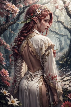 (4k), (masterpiece), (best quality),(extremely intricate), (realistic), (sharp focus), (cinematic lighting), (extremely detailed),

A young beautiful high elf archer girl posing with back turned to the viewer. She is in a secluded enchanted forest and is wearing white elven silk robe.

,flower4rmor, see-through ,flowers in hair, red hair, Flower, flower white silk robe
,DonM4lbum1n
,DonMChr0m4t3rr4 
,LODBG,no_humans,glyphtech