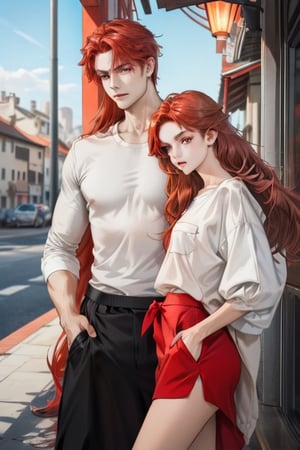 Couple of a corean man (man black hair) and a Real girl for VROID, ( girl light red hair, long hair,) white shirt, grey skirt, pocket,edgSDress,1boy