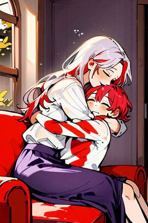 Couple of a corean man and a girl , light red hair, long hair, white shirt, violet skirt, hugging in a sofa in house,jaeggernawt,Indoor