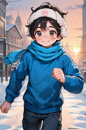 a little boy a wool cap , blue sweater,male,long pants, running and playing with de snow, snow, sunset ,looking, blushing, cute, blushing, black eyes, black hair, smile, city, modern city,scarf
