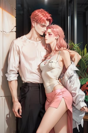 Couple of a corean man and a Real girl for VROID, light red hair, long hair, white shirt, pink skirt, pocket,edgSDress,1boy, kissing