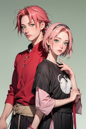 1girl with short pink hair and green eyes named Sakura Haruno in egypt clothes, 1man with red hair and green eyes named Gaara, basic_background, egypt clothes, egypt, ancient_egypt, harunoshipp,ECWITCH,egyptian clothes