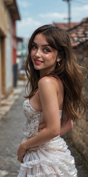 1girl ,woman wearing a white cuban traditional dress, street party, wind blowing on her hair, big earrings, full body, beautiful eyes and lips,medium lenght hair, looking over her shoulder, fit, nostalgic smile,outstanding colors, beautiful background,perfecteyes