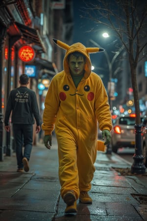 Dinamic photograph Frankenstein's monster walking on a sidewalk wearing a pikachu onesie, Midjourney_Whisper, background is a New York street at night