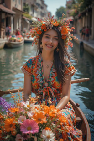 Dinamic close up photograph of a smiling beautiful young mexican woman wearing traditional clothes paddling and sitting in a canoe, selling flowers on a water canal,  Midjourney_Whisper, 