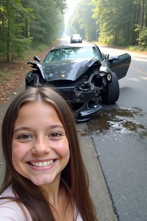 IMG_1086.jpg, after a car crash, oblivious girl smiling selfie, destroyed porsche in the background great damage is visible, car is wrecked against a tree, oil spill on the road, smoke coming out of the car, punctured tire, door missing, tire marks on the road, broken windshield
