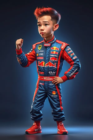 Marking. Colorful, cute and adorable F1 driver alex albon, dancing, red top hair, wearing blue Williams uniform, 
 3D cartoon character. hyperrealism, photorealism, beautiful, complex, incredibly detailed and award-winning photographs. dark background illuminated by neon lights