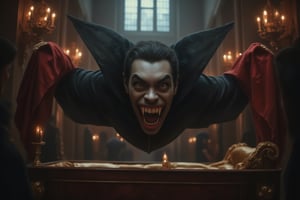 Dinamic photograph 40 years old count dracula levitating inverted horizontally above his very luxurious open coffin, Midjourney_Whisper, background is the atrium of an old church, his body is limp, eyes wide open looking at the camera, intense stare, creepy smile, long fangs visible, pov from the side, detailed face, EvilVampire