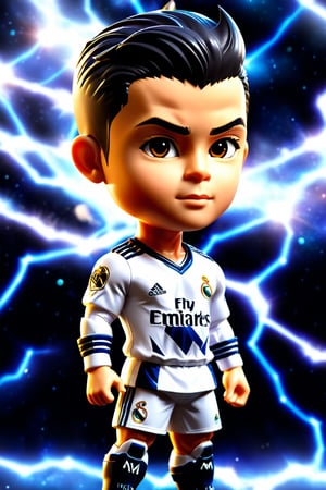 close up angle of (( toy),( 3d Cristiano Ronaldo figure wearing his Real Madrid uniform))(lightning) detailed focus, deep bokeh, beautiful, , dark cosmic background. Visually delightful, more detail XL, chibi