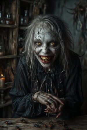 Dinamic closeup portrait of a very old and ugly witch sitting at an old wooden table with lots of big cockroaches coming out of her ample sleeves, she is very old, she has pale white powdered wrinkly skin, long and messy white and gray hair, her nose is big thin pointy and crooked, she has a big wide creepy grin showing her croocked greenish yellow brownish teeth, some teeth are missing, her eyebrows are very dense and high, she has a big dark mole on her nose and chin, her lips are very thin gray and dry, her hands are veiny and bony with rings with skulls and bats, her nails are long pointy and black, her black cloack is old and dirty, the cockroaches are coming like a river towards the camera, her eyes are very black with reddish scleras with a very evil look, Midjourney_Whisper, the background is her lair it has a shelf with antique flasks with powders and liquids of different sizes and shapes, her lair is built from unpolished stone and lumber there are cobwebs and spiders, the illumination of the scene comes from a single candle in front of her,DarkWitch,Pontianak,Kuntilanak