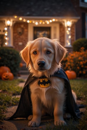 Dinamic photograph of a cute golden retriever puppy sitting, the puppy is wearing a cute batman costume, Midjourney_Whisper, background is a front yard with halloween decorations at night