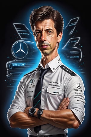 Marking. Colorful, cute and adorable F1 principal (Toto Wolff), serious, arms crossed, wearing white fitted shirt with mercedes logo, black pants, 
 3D cartoon character. hyperrealism, photorealism, beautiful, complex, incredibly detailed and award-winning photographs. dark background illuminated by neon lights