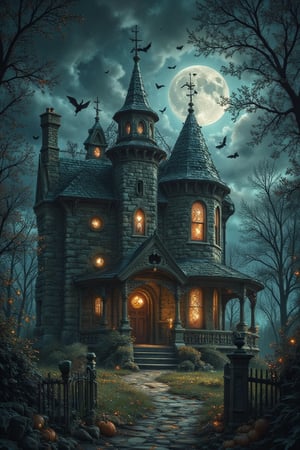 Dinamic photograph of a hounted house with bats flying around and all sorts of spooky things going on around it, Midjourney_Whisper