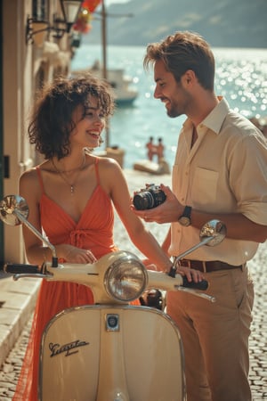 A cream color 1960's Vespa motorcycle parked on a sunlit cobblestone street in Monaco, with the sparkling Mediterranean Sea in the background. A stylish young woman with olive skin, dark curly hair, and a red dress stands beside it, her hand resting on the handlebar. She smiles warmly at a man in a crisp white shirt and khaki pants, who holds a vintage camera, capturing the moment. The scene is bathed in warm, golden hour light, with soft shadows and a slightly hazy, nostalgic feel, reminiscent of Stanley Kubrick's cinematography. The image has a rich, saturated color palette with a subtle film grain, enhancing the vintage atmosphere,Midjourney_Whisper