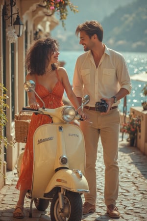 A cream color 1960's Vespa motorcycle parked on a sunlit cobblestone street in Monaco, with the sparkling Mediterranean Sea in the background. A stylish young woman with olive skin, dark curly hair, and a red dress stands beside it, her hand resting on the handlebar. She smiles warmly at a man in a crisp white shirt and khaki pants, who holds a vintage camera, capturing the moment. The scene is bathed in warm, golden hour light, with soft shadows and a slightly hazy, nostalgic feel, reminiscent of Stanley Kubrick's cinematography. The image has a rich, saturated color palette with a subtle film grain, enhancing the vintage atmosphere,Midjourney_Whisper