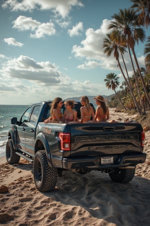 Dinamic photograph of a Black Ford Raptor with it's bed full of beautiful girls in bikinis, Midjourney_Whisper, side view